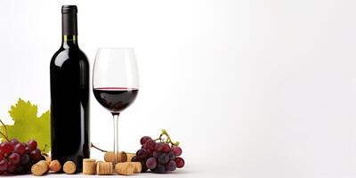 ai generiert Wein Flaschen mit Glas und Trauben auf Weiß Hintergrund generativ ai foto