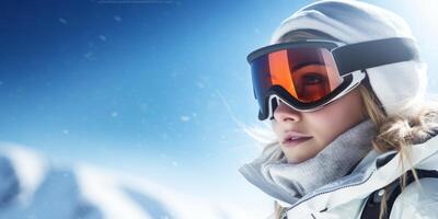 ai generiert Porträt von ein Skifahrer Mädchen tragen Sicherheit Brille auf ein Hintergrund von Berge generativ ai foto