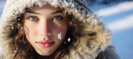 ai generiert Mädchen mit Schnee auf ihr Gesicht Nahansicht Porträt generativ ai foto