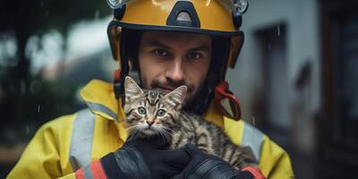 ai generiert Feuerwehrmann gerettet Kätzchen von Feuer generativ ai foto