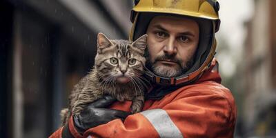 ai generiert Feuerwehrmann gerettet Kätzchen von Feuer generativ ai foto