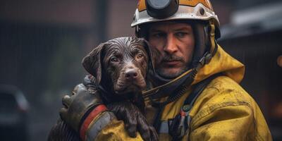 ai generiert Feuerwehrmann trägt Hund aus von Feuer generativ ai foto