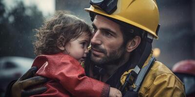 ai generiert Feuerwehrmann rettet Kind von Feuer generativ ai foto