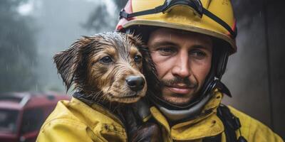 ai generiert Feuerwehrmann trägt Hund aus von Feuer generativ ai foto