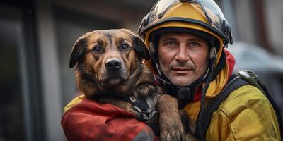 ai generiert Feuerwehrmann trägt Hund aus von Feuer generativ ai foto