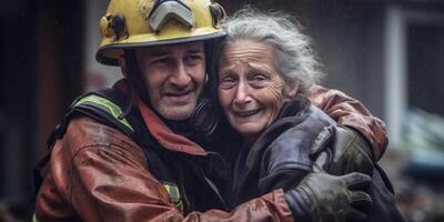 ai generiert Feuerwehrmann Rettung ein Mann von ein Verbrennung Gebäude generativ ai foto