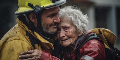 ai generiert Feuerwehrmann Rettung ein Mann von ein Verbrennung Gebäude generativ ai foto