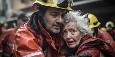 ai generiert Feuerwehrmann Rettung ein Mann von ein Verbrennung Gebäude generativ ai foto