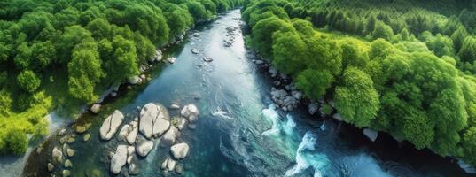 ai generiert Berg Fluss im das Mitte von das Wald, oben Aussicht generativ ai foto