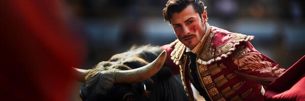 ai generiert Stierkämpfer mit ein Stier im das Matador Arena generativ ai foto