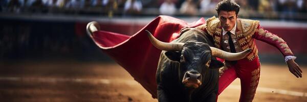 ai generiert Stierkämpfer mit ein Stier im das Matador Arena generativ ai foto