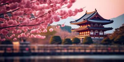 ai generiert Kirsche Blüten gegen das Hintergrund von ein japanisch Tempel generativ ai foto