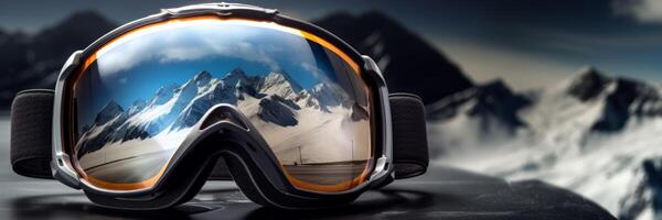 ai generiert Skifahrer Sonnenbrille mit Berge Betrachtung auf das Linsen generativ ai foto