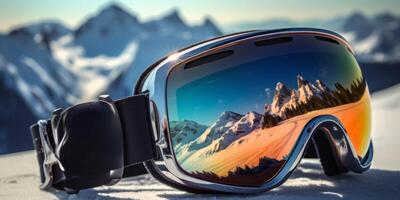 ai generiert Skifahrer Sonnenbrille mit Berge Betrachtung auf das Linsen generativ ai foto