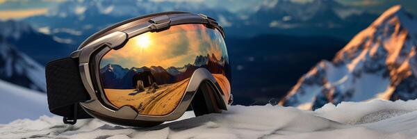 ai generiert Skifahrer Sonnenbrille mit Berge Betrachtung auf das Linsen generativ ai foto