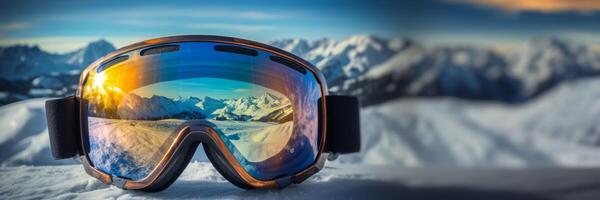 ai generiert Skifahrer Sonnenbrille mit Berge Betrachtung auf das Linsen generativ ai foto