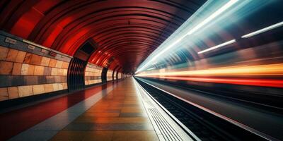 ai generiert leeren U-Bahn Vorbeigehen Zug Bewegung verwischen generativ ai foto