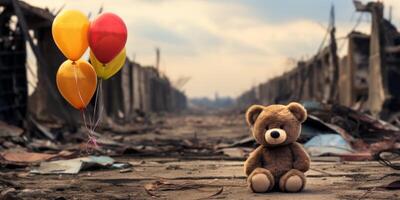 ai generiert Teddy Bären gegen das Hintergrund von ein zerstört Stadt generativ ai foto