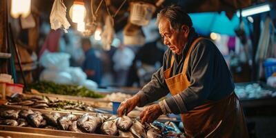 ai generiert verkauft Fisch beim das Markt generativ ai foto