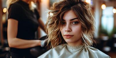 ai generiert Mädchen im ein Friseur tun ihr Haar generativ ai foto