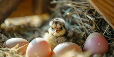 ai generiert Hähnchen Schraffur Eier im das Nest generativ ai foto