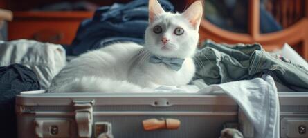 ai generiert ein Katze im ein Bogen Krawatte sitzt im ein öffnen Koffer unter Kleider generativ ai foto