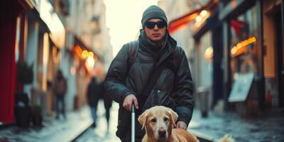 ai generiert ein blind Mann Spaziergänge mit ein leiten Hund Nieder das Straße generativ ai foto
