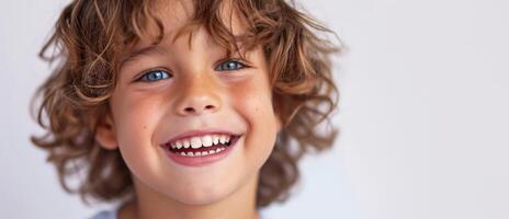 ai generiert Kind Junge lächelnd Nahansicht Porträt auf ein Licht Hintergrund generativ ai foto