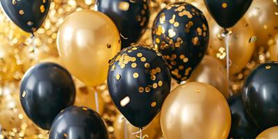 ai generiert Gold und schwarz Luftballons mit Urlaub Konfetti generativ ai foto