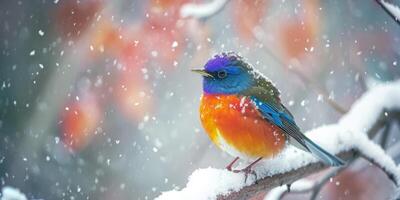 ai generiert mehrfarbig klein Vogel auf ein Ast auf ein Winter Hintergrund generativ ai foto