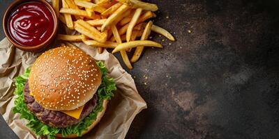 ai generiert Burger mit gebraten Kartoffeln und Soße auf ein hölzern Tabelle oben Aussicht generativ ai foto