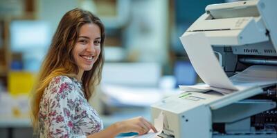 Frau Büro Arbeiter Herstellung ein Kopieren auf ein Kopieren Maschine foto