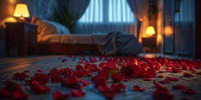 ai generiert Rose Blütenblätter im das Schlafzimmer auf Valentinstag Tag generativ ai foto