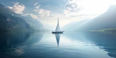 ai generiert Segeln Yacht auf ein See unter das Berge generativ ai foto