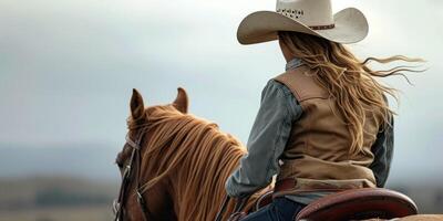 Cowgirl im ein Hut und auf ein Pferd foto