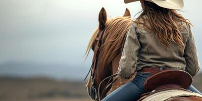 Cowgirl im ein Hut und auf ein Pferd foto