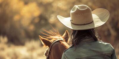 Cowgirl im ein Hut und auf ein Pferd foto