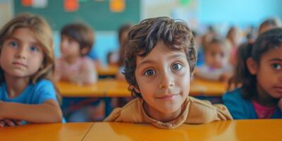 primär Schule Kinder beim Schule Schreibtisch foto