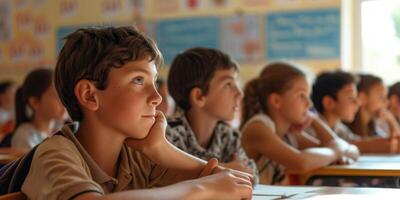 Schulkinder beim ihr Schreibtische im das Klassenzimmer foto