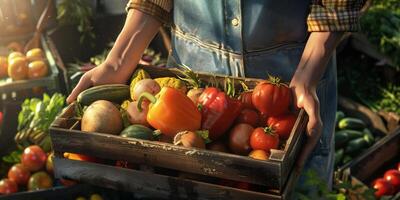 Farmer halten ein Box von Gemüse im seine Hände foto