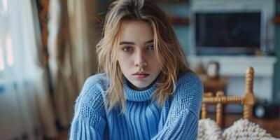 jung Frau im ein schön gestrickt Sweatshirt Mode foto