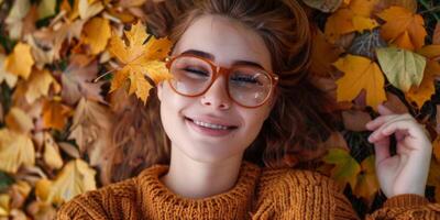 Mädchen mit Brille und ein gestrickt Sweatshirt auf Herbst Blätter foto