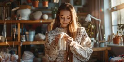 schön jung Frau tragen ein gestrickt Sweatshirt Getränke ein heiß trinken foto