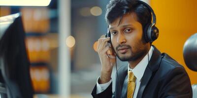 jung indisch Mann im ein Anruf Center foto