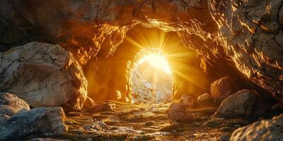 Stein felsig leeren Höhle Grab und Licht Strahlen Ostern foto