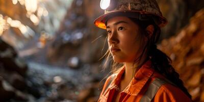 Bergmann Arbeiter weiblich beim das Bergwerk Nahansicht Porträt foto