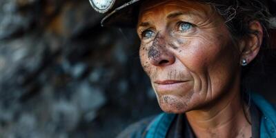 Bergmann Arbeiter weiblich beim das Bergwerk Nahansicht Porträt foto