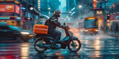 Kurier liefert Pakete um das Stadt auf ein Motorrad foto