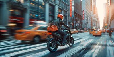 Kurier liefert Pakete um das Stadt auf ein Motorrad foto