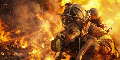 Feuerwehrmann spart ein Hund von Feuer foto